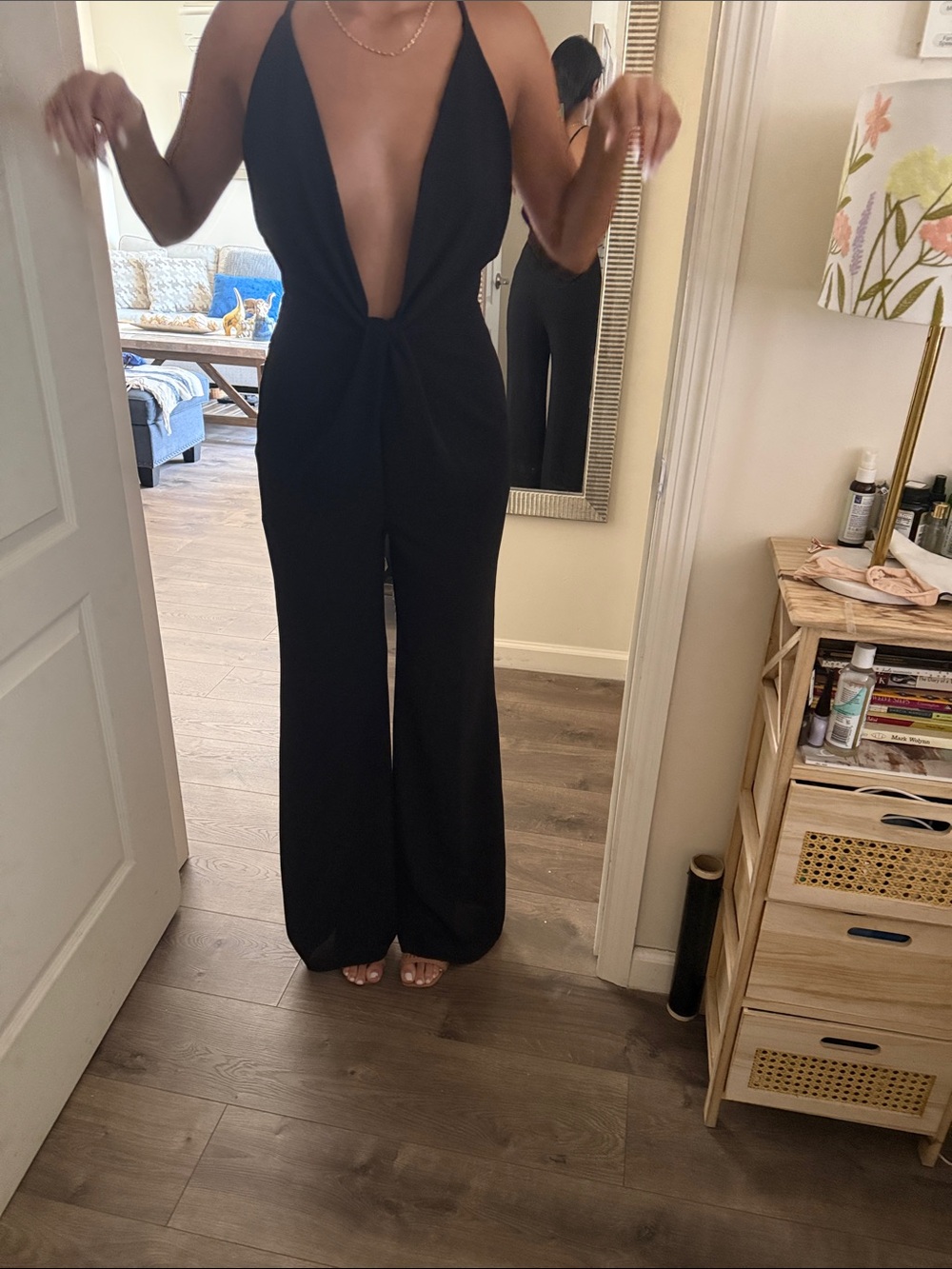 Blue Blush Black Plunge Halter Jumpsuit